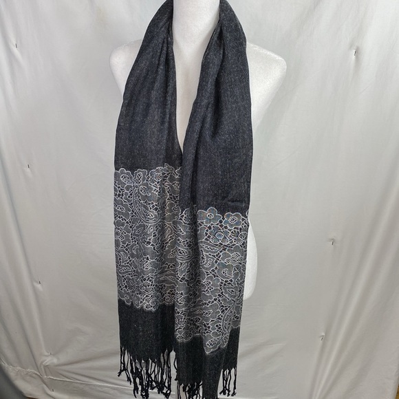 Black & Gray Paisley Embellished Scarf Wrap with Fringe. - Picture 3 of 4